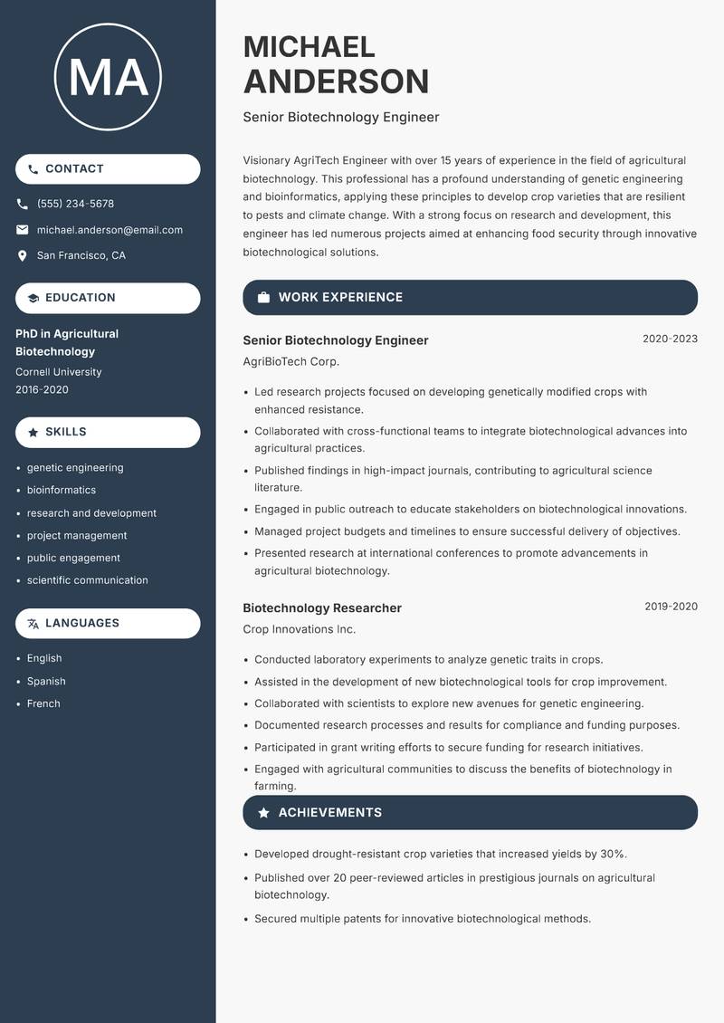 AgriTech Engineer Resume Preview Example