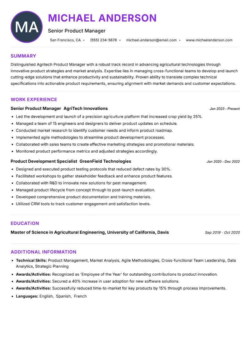 Agritech Product Manager Resume Preview Example