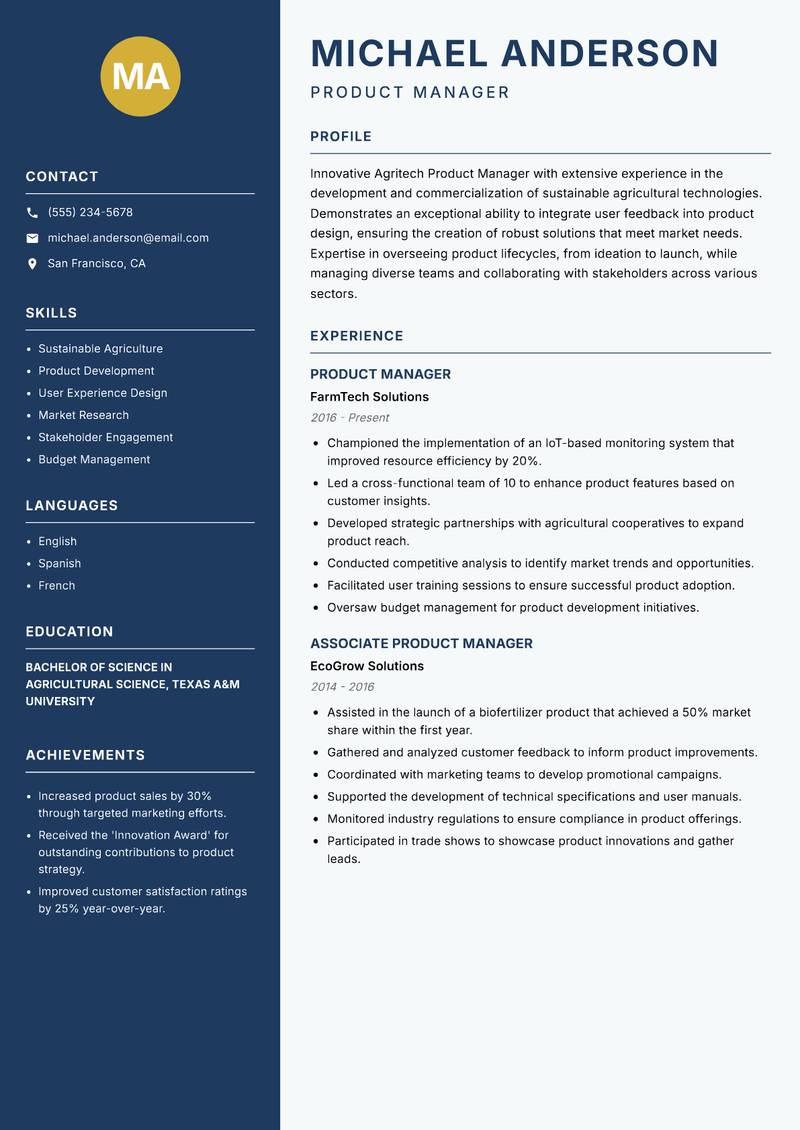 Agritech Product Manager Resume Preview Example