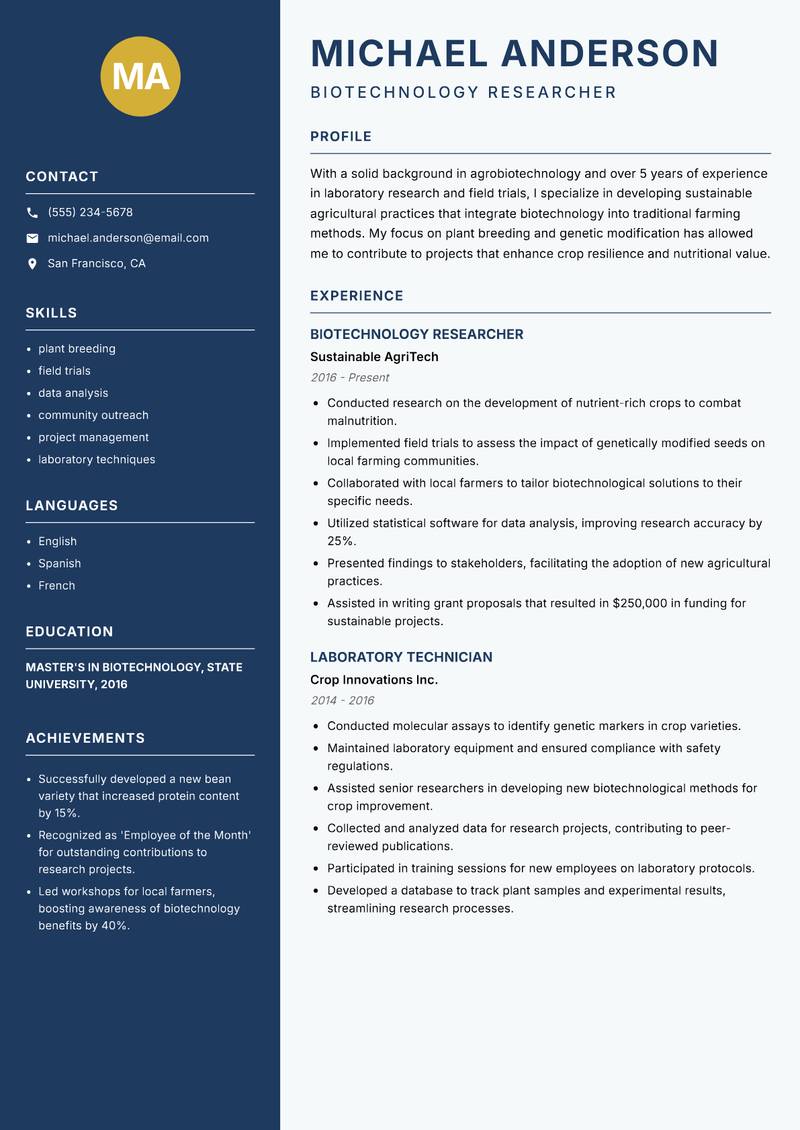 Agrobiotechnology Researcher Resume Preview Example