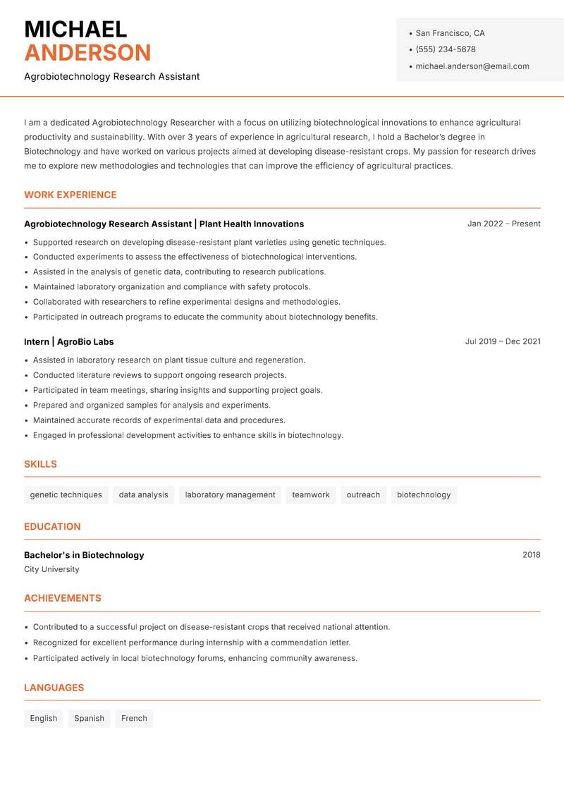 Agrobiotechnology Researcher Resume Template
