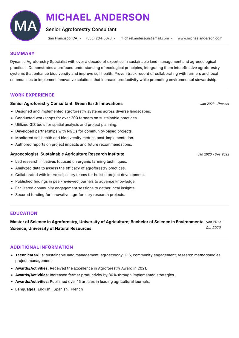 Agroforestry Specialist Resume Preview Example