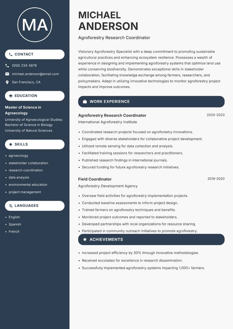 Agroforestry Specialist Resume Preview Example