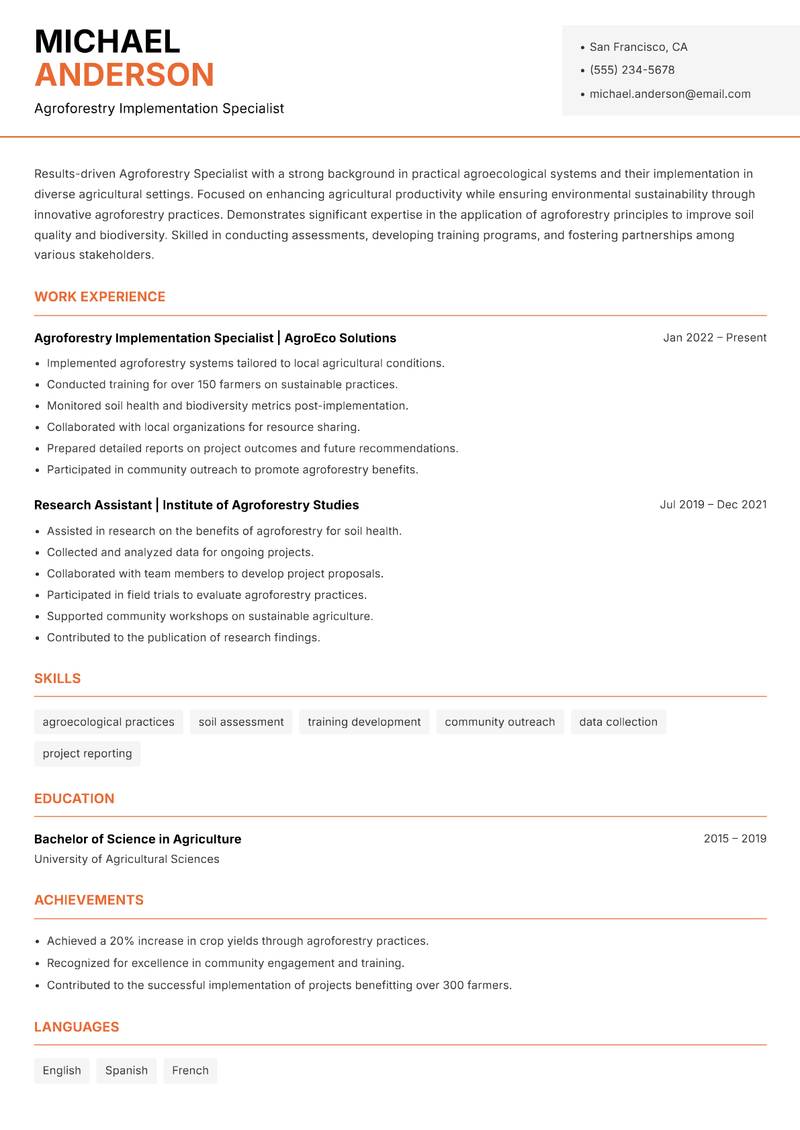 Agroforestry Specialist Resume Template