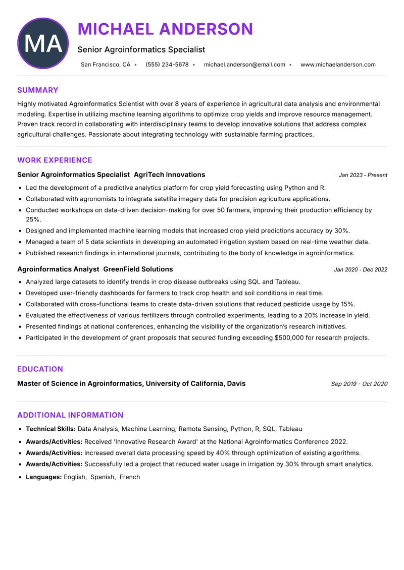 Agroinformatics Scientist Resume Preview Example