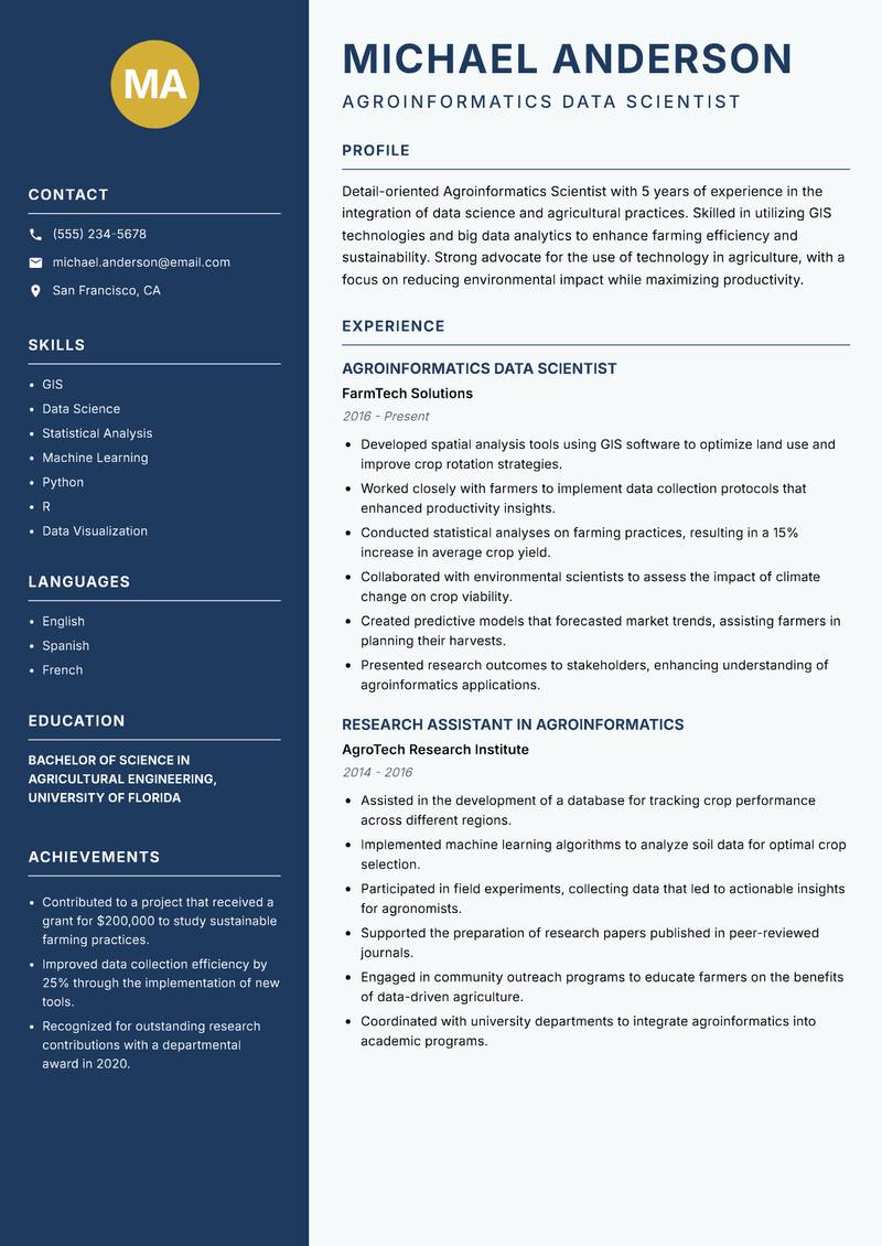 Agroinformatics Scientist Resume Preview Example
