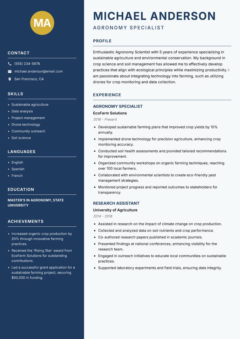 Agronomy Scientist Resume Preview Example