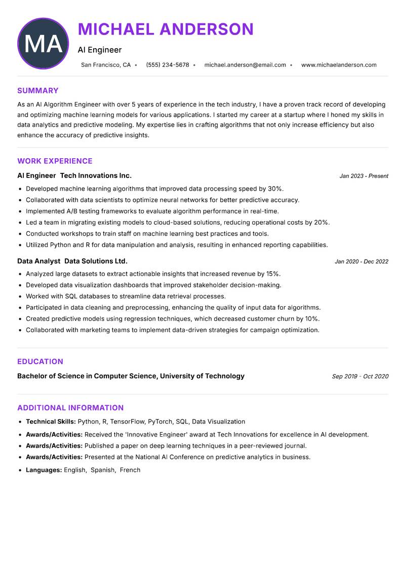 AI Algorithm Engineer Resume Preview Example