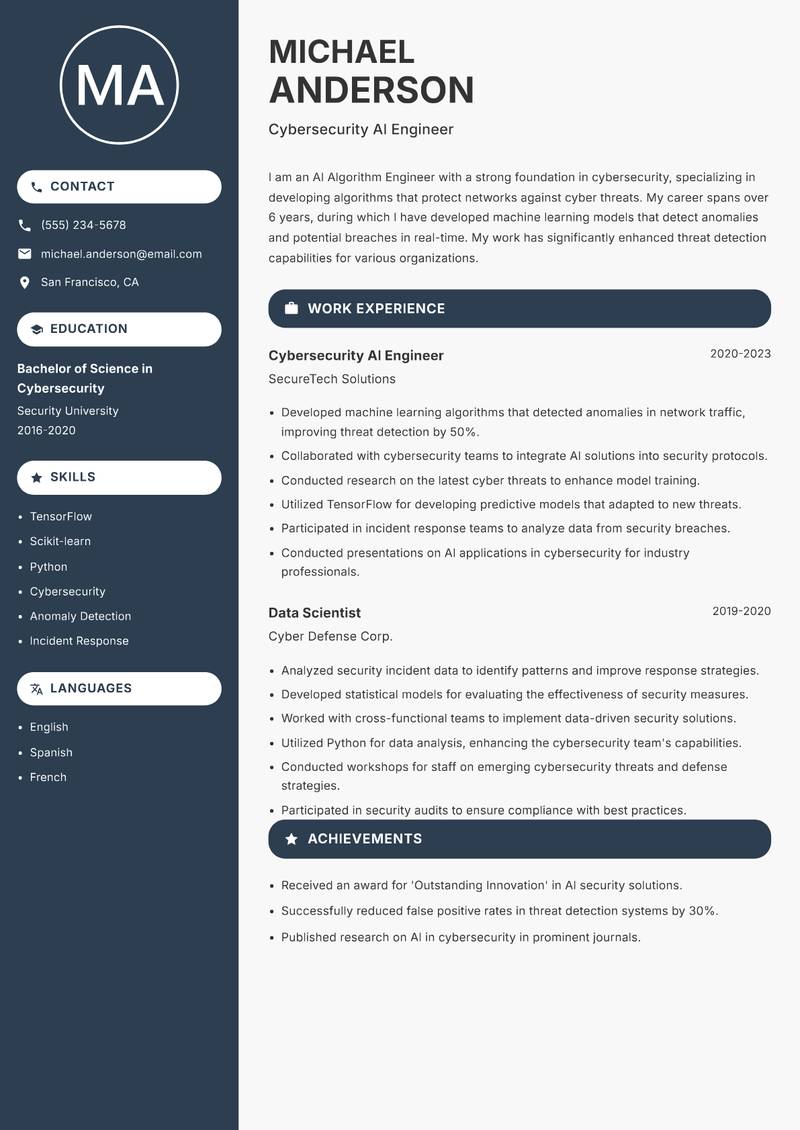 AI Algorithm Engineer Resume Preview Example