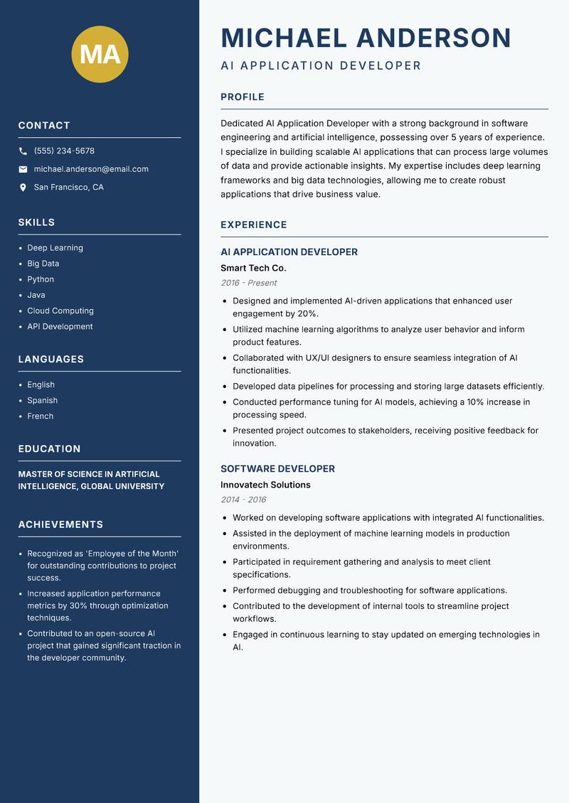 AI Application Developer Resume Preview Example