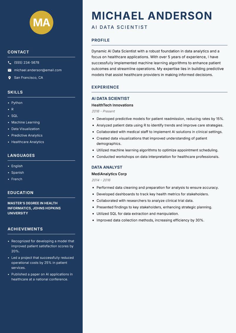 AI Data Scientist Resume Preview Example