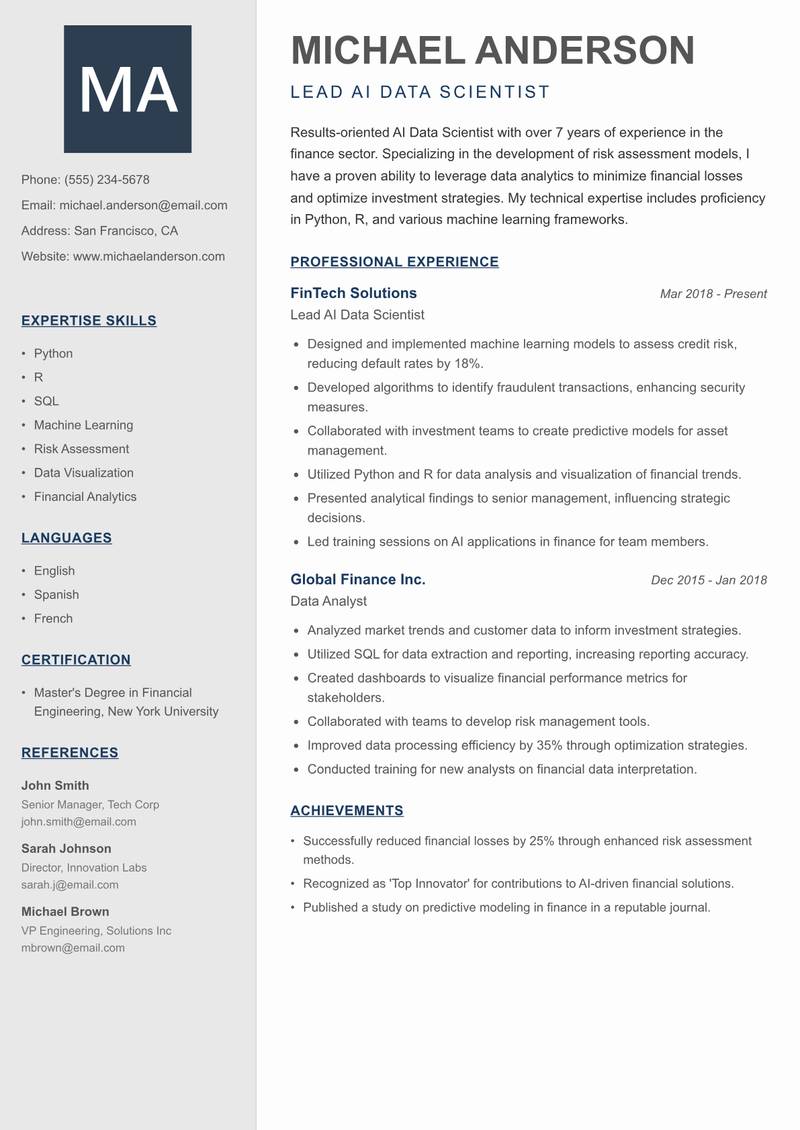 AI Data Scientist Resume Preview Example