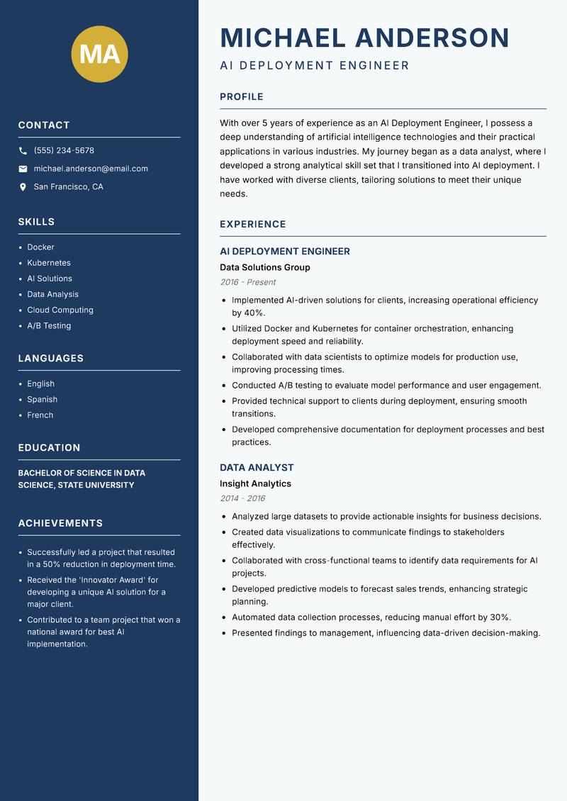 AI Deployment Engineer Resume Preview Example