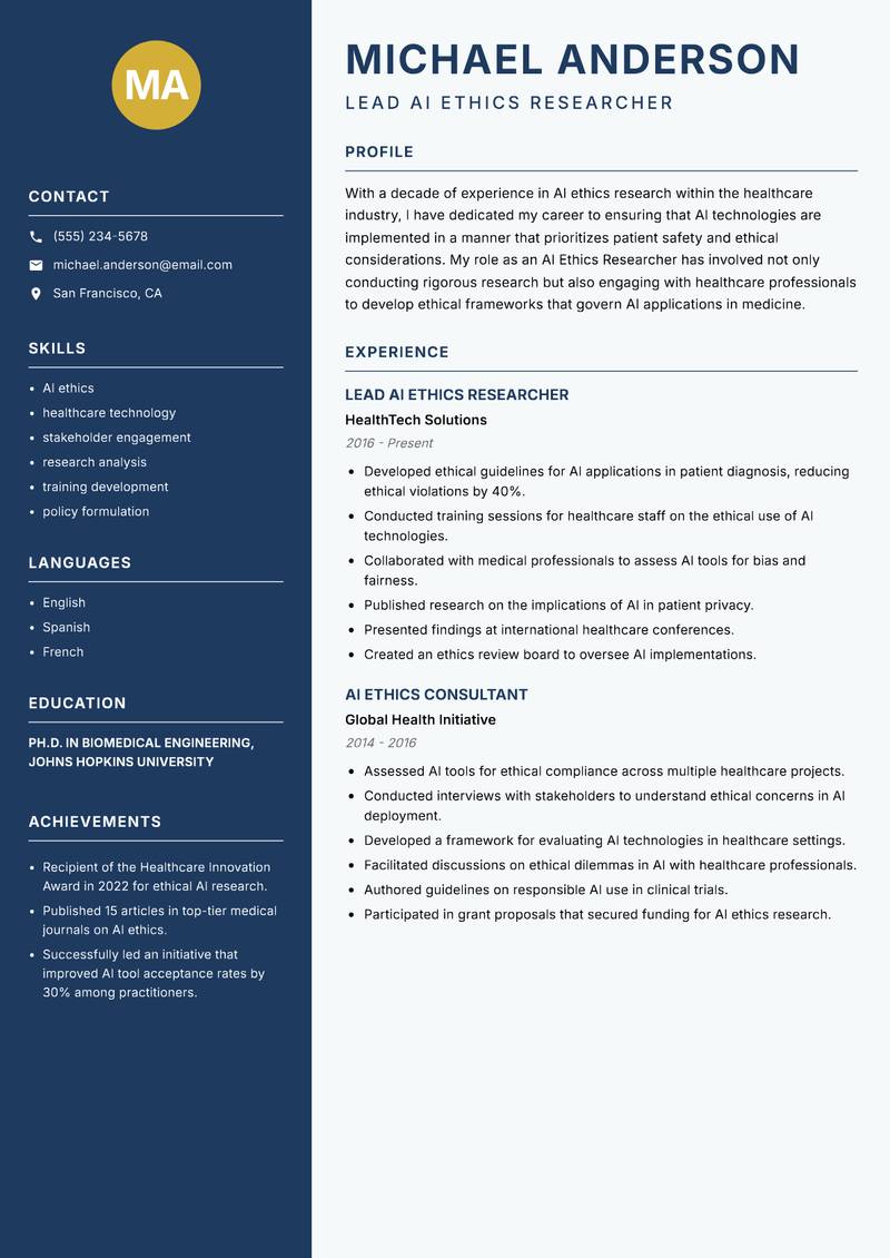 AI Ethics Researcher Resume Preview Example