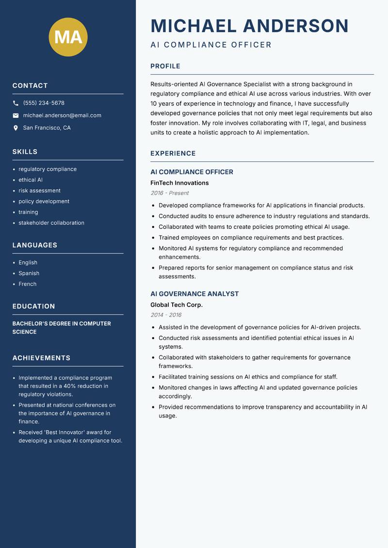 AI Governance Specialist Resume Preview Example