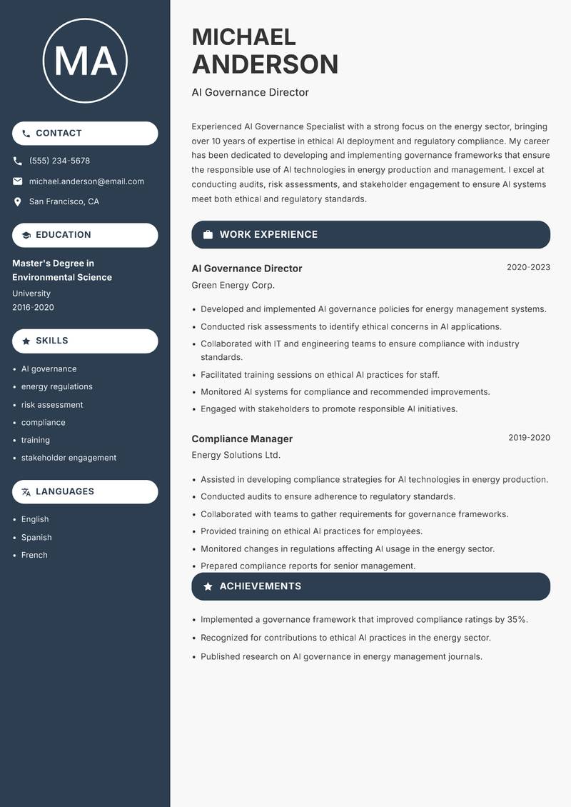 AI Governance Specialist Resume Preview Example