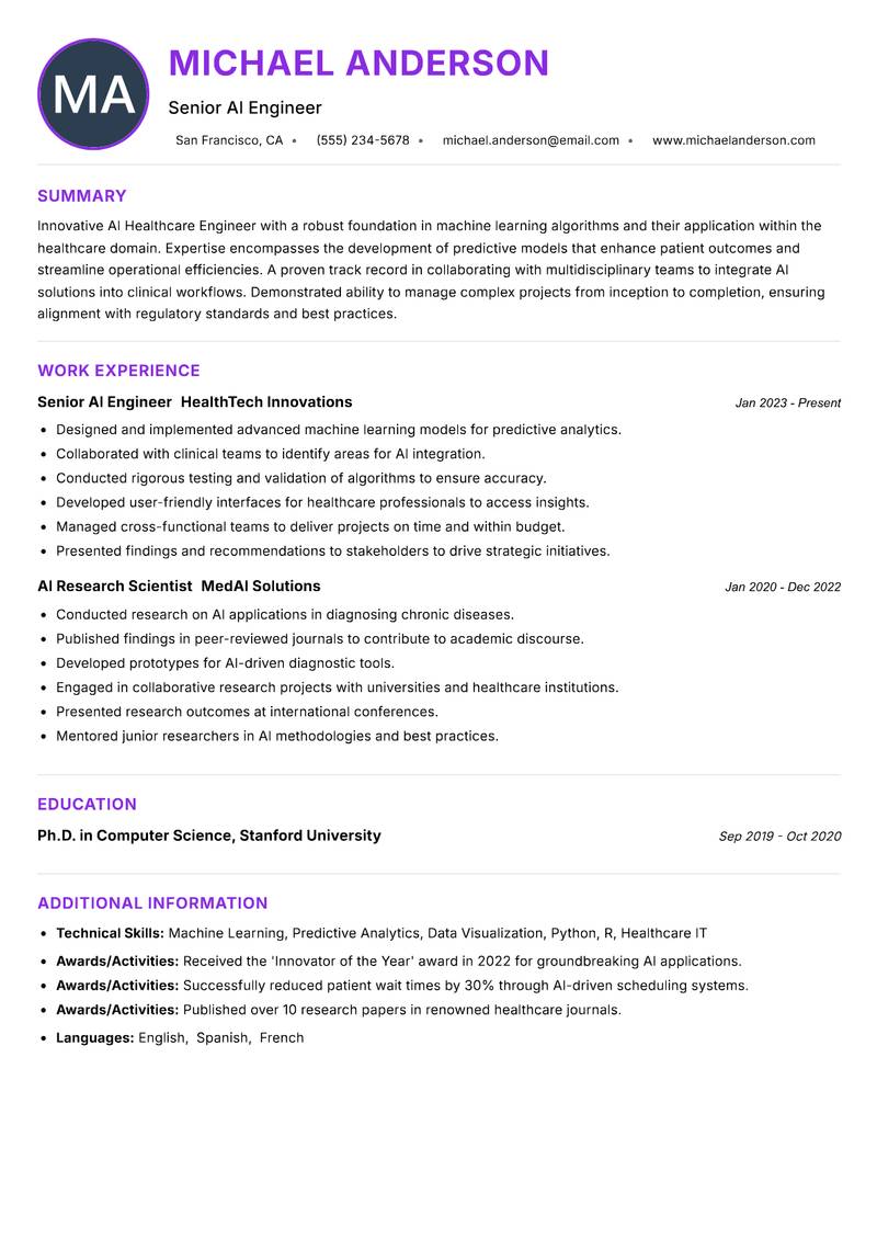AI Healthcare Engineer Resume Preview Example
