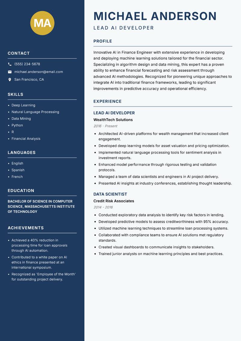 AI in Finance Engineer Resume Preview Example