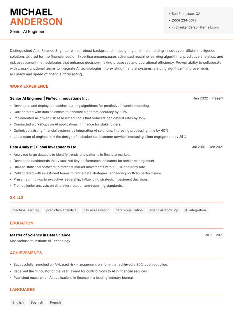 AI in Finance Engineer Resume Template