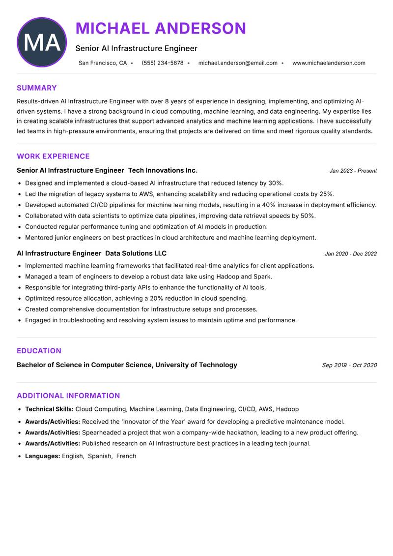 AI Infrastructure Engineer Resume Preview Example