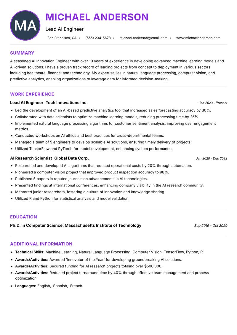AI Innovation Engineer Resume Preview Example