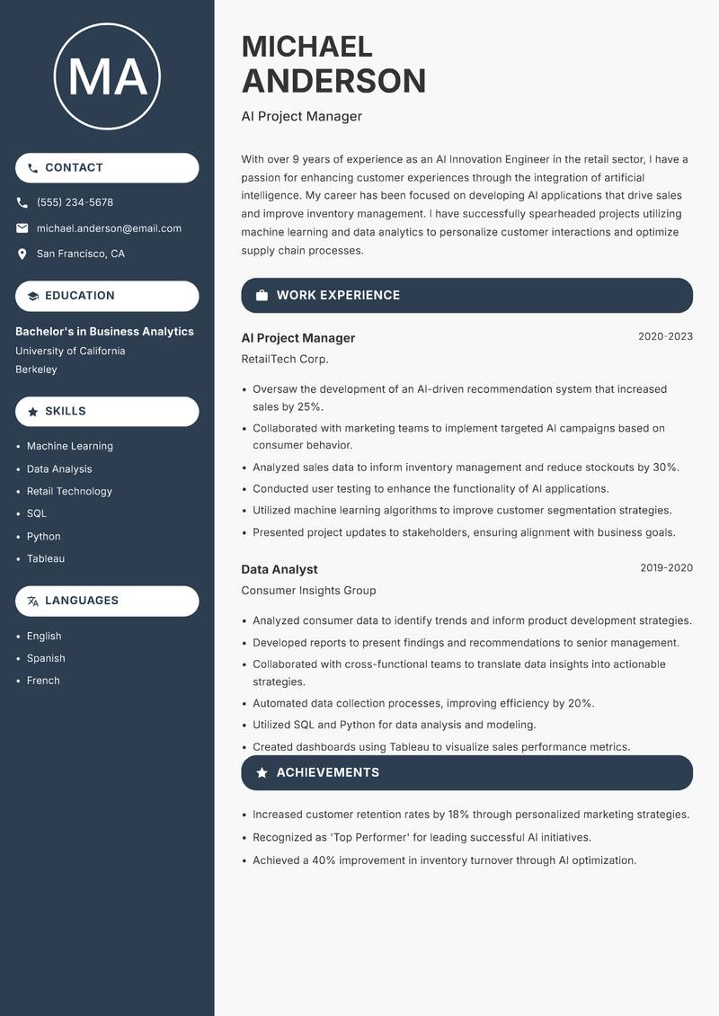 AI Innovation Engineer Resume Preview Example