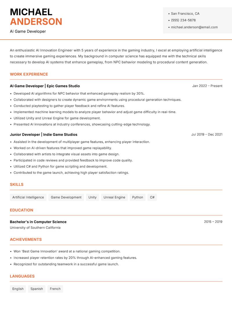 AI Innovation Engineer Resume Template