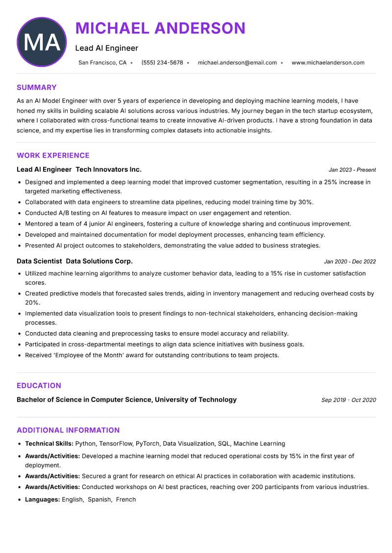 AI Model Engineer Resume Preview Example