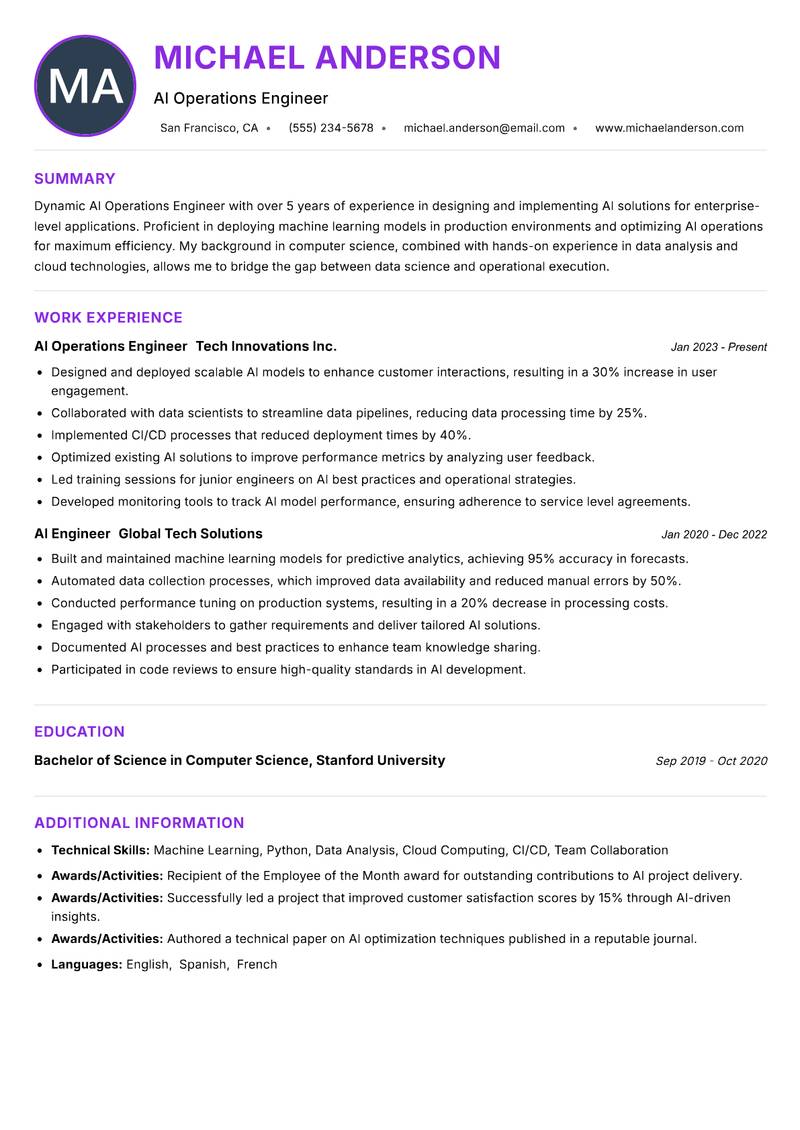 AI Operations Engineer Resume Preview Example