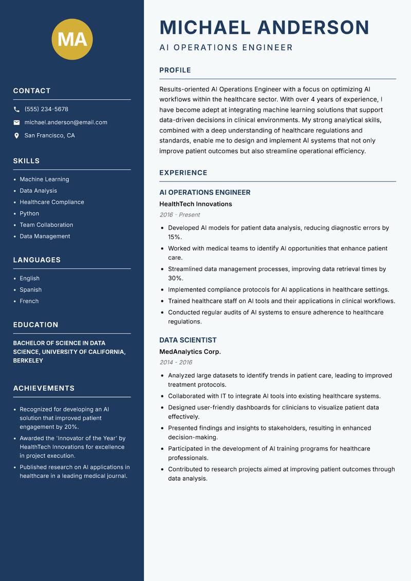AI Operations Engineer Resume Preview Example