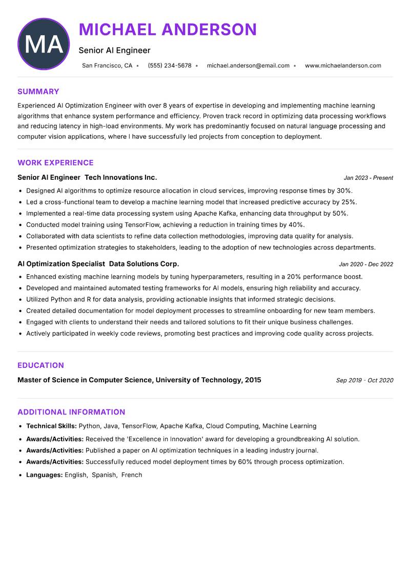 AI Optimization Engineer Resume Preview Example