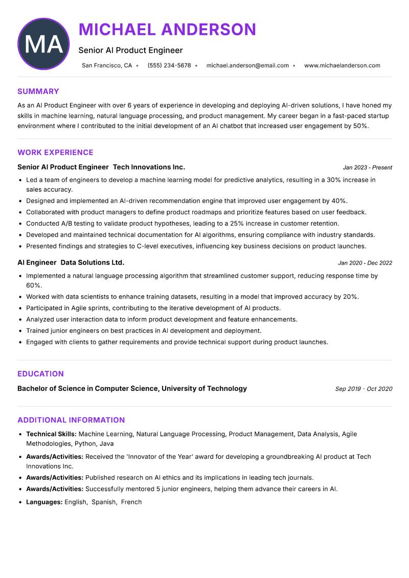 AI Product Engineer Resume Preview Example