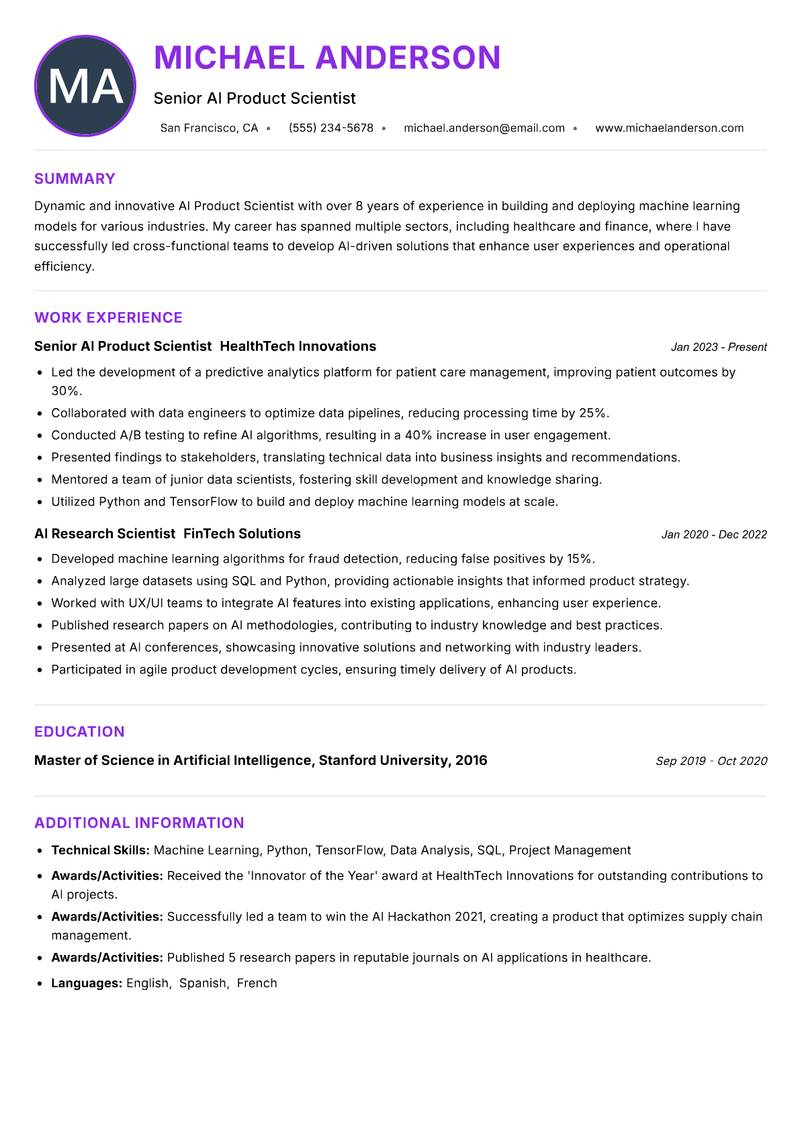 AI Product Scientist Resume Preview Example