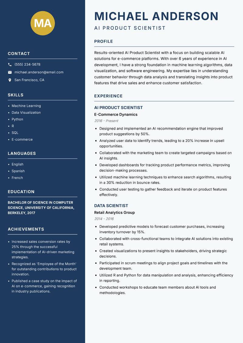 AI Product Scientist Resume Preview Example