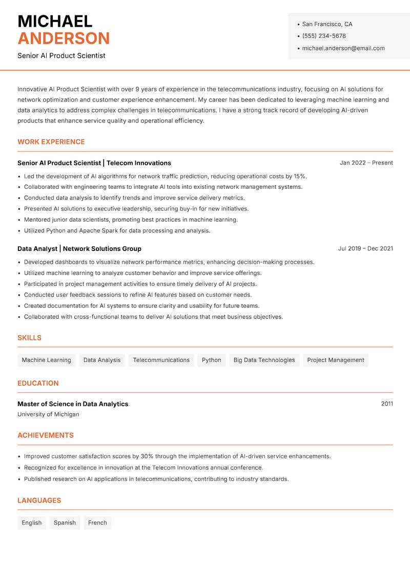 AI Product Scientist Resume Template