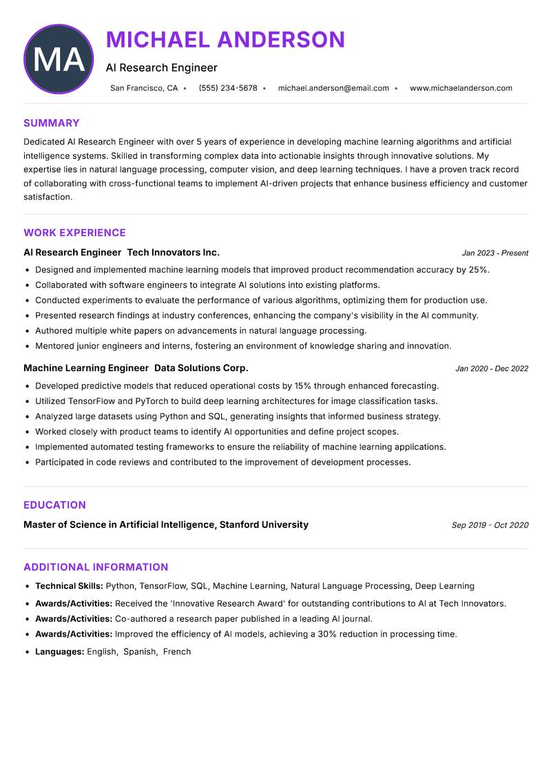 AI Research Engineer Resume Preview Example