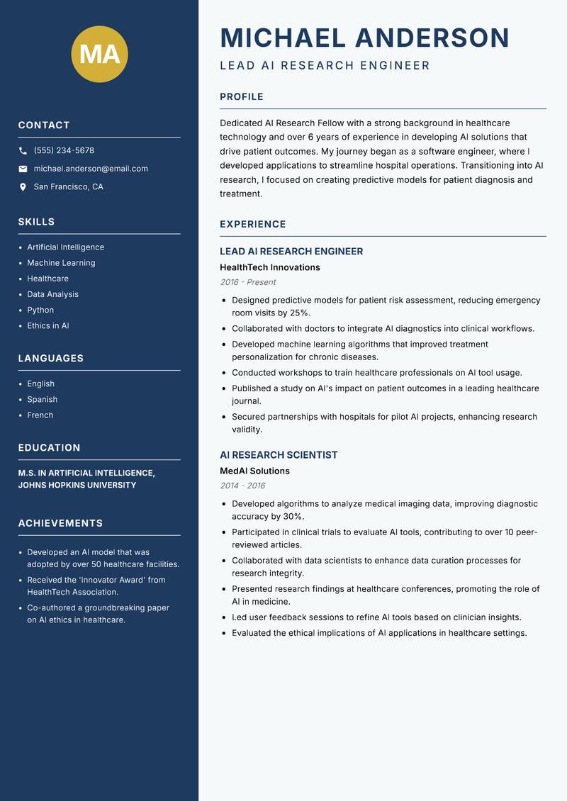 AI Research Fellow Resume Preview Example