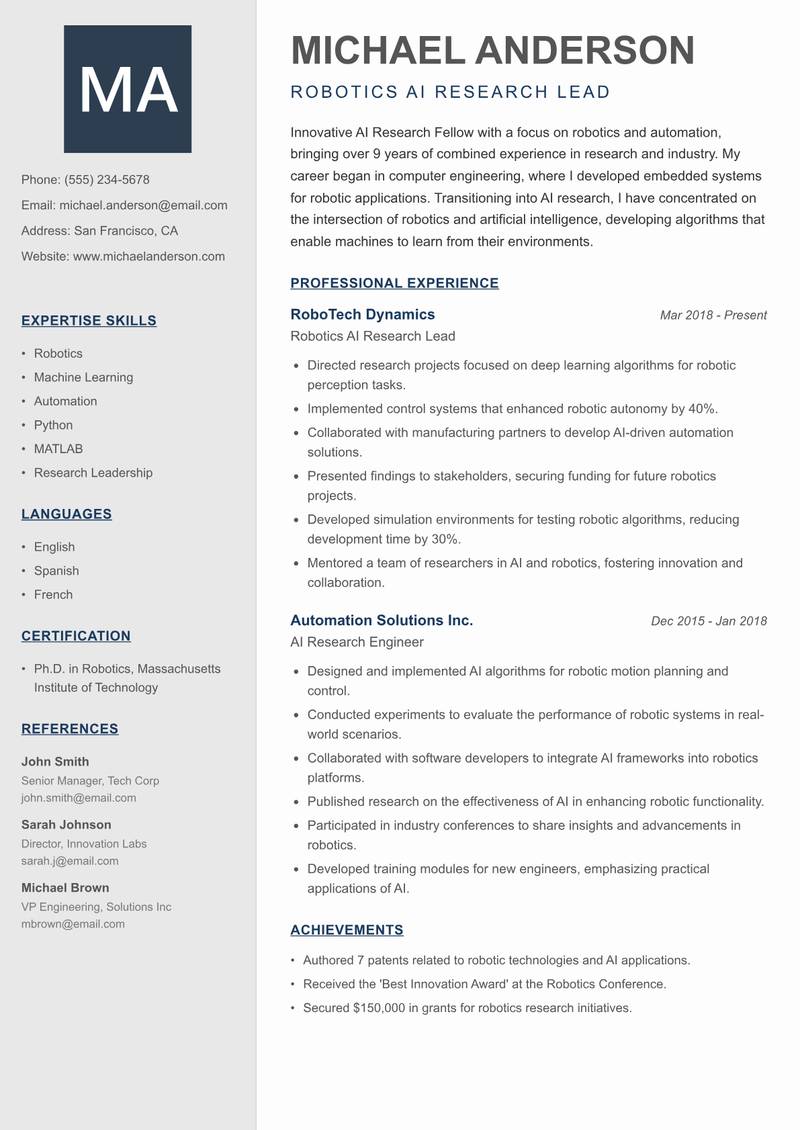 AI Research Fellow Resume Preview Example
