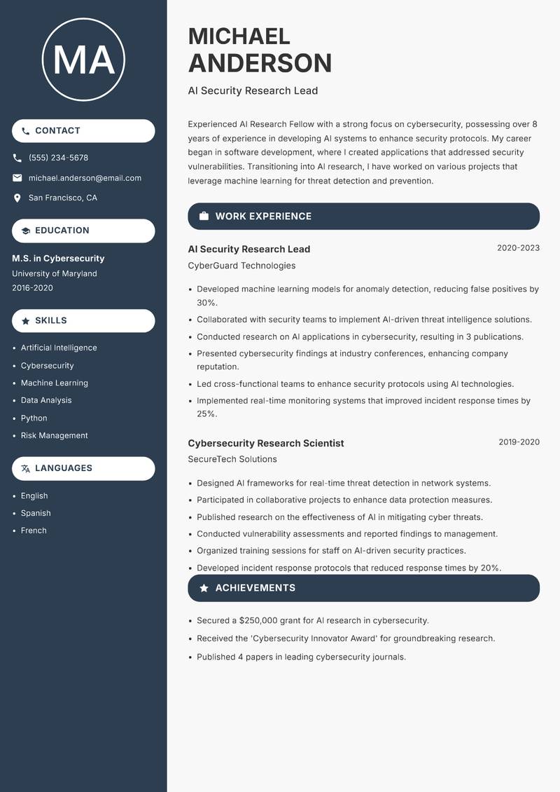 AI Research Fellow Resume Preview Example