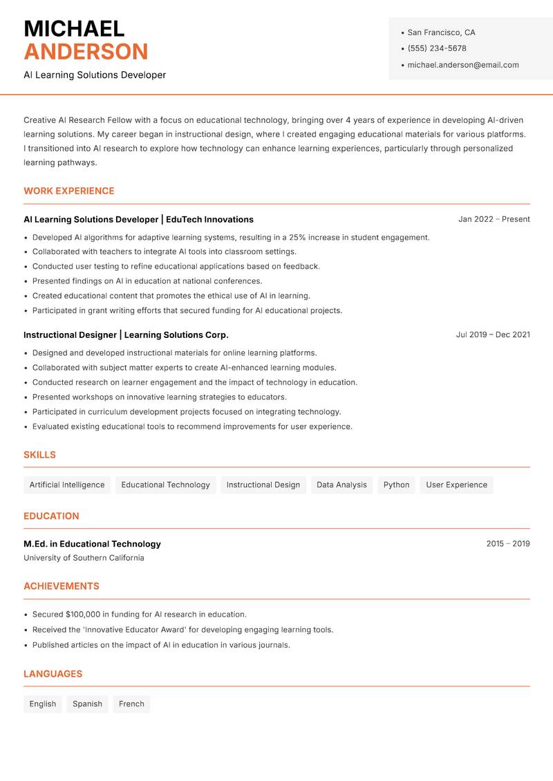 AI Research Fellow Resume Template