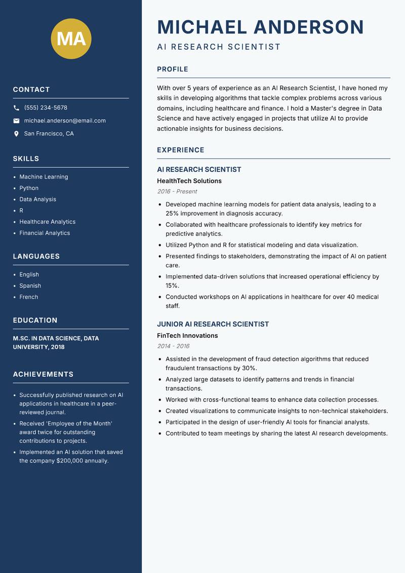 AI Research Scientist Resume Preview Example
