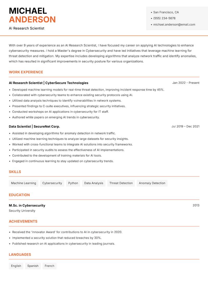 AI Research Scientist Resume Template