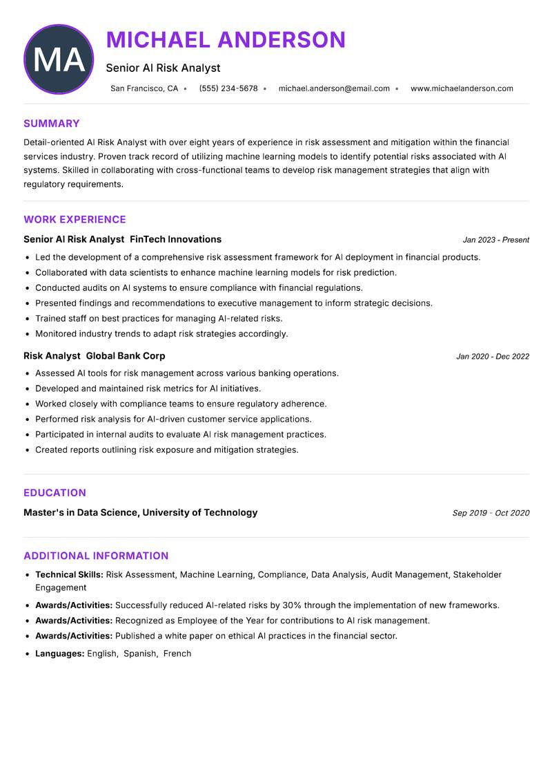 AI Risk Analyst Resume Preview Example