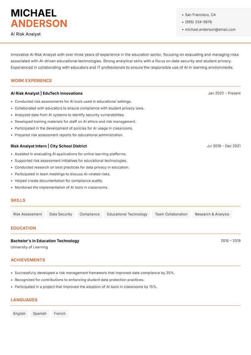 AI Risk Analyst Resume Template