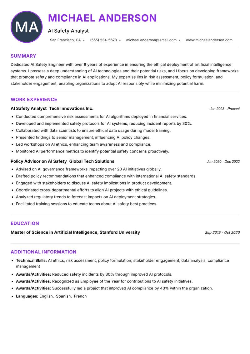 AI Safety Engineer Resume Preview Example