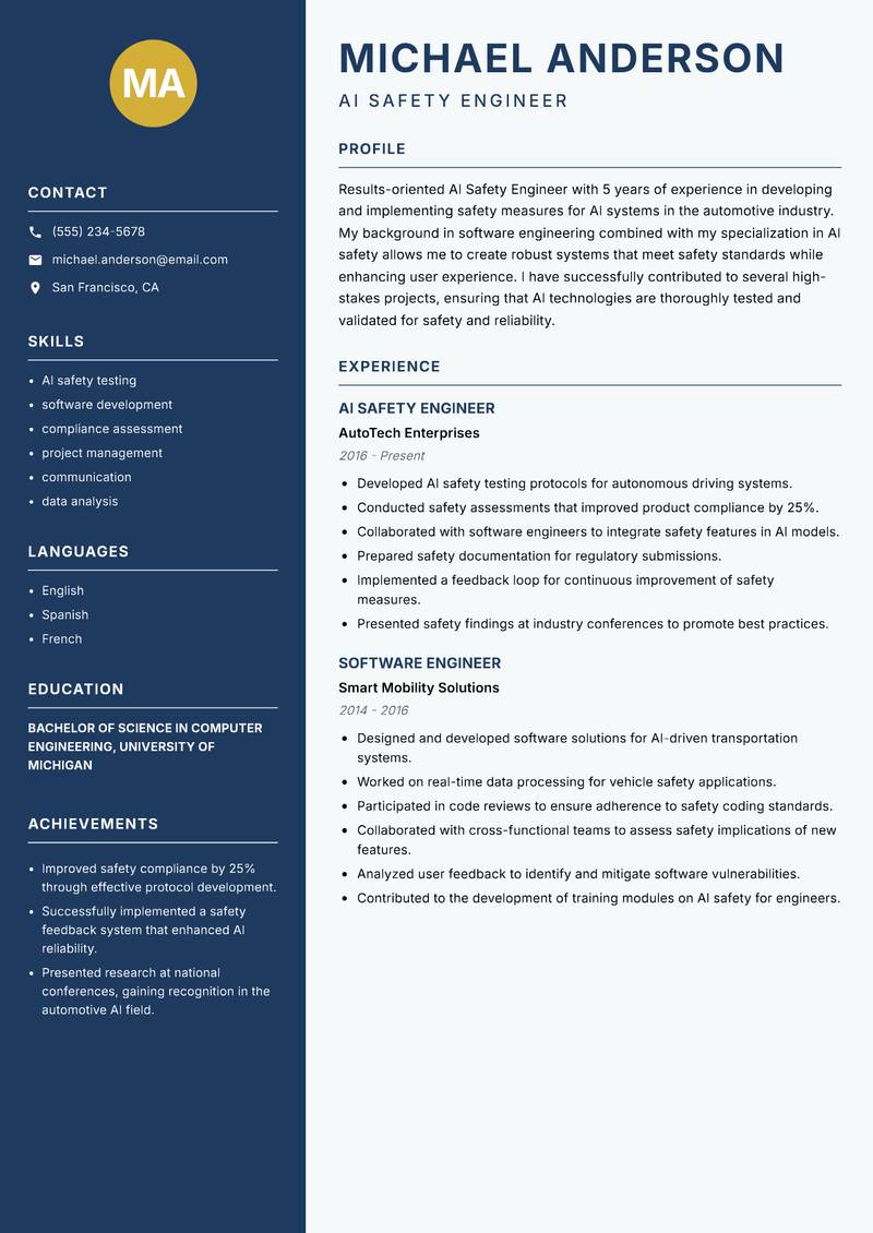 AI Safety Engineer Resume Preview Example