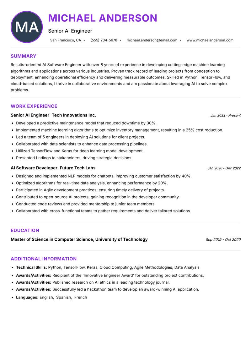 AI Software Engineer Resume Preview Example