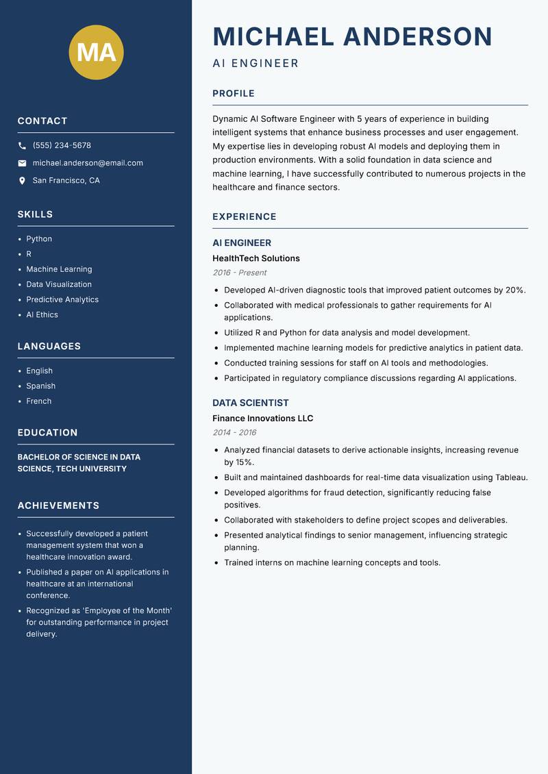 AI Software Engineer Resume Preview Example