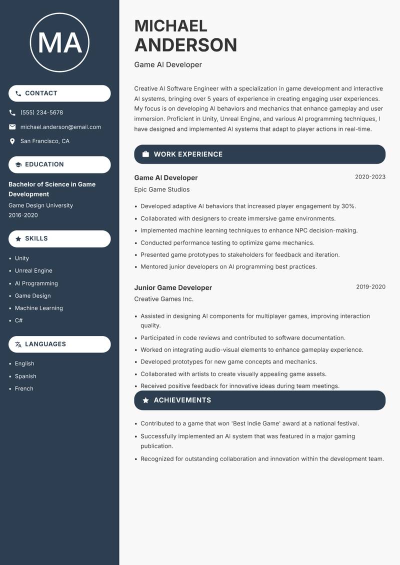 AI Software Engineer Resume Preview Example