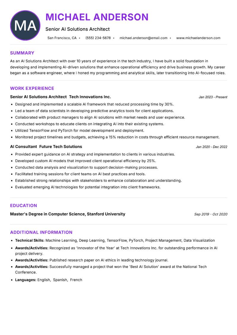 AI Solutions Architect Resume Preview Example